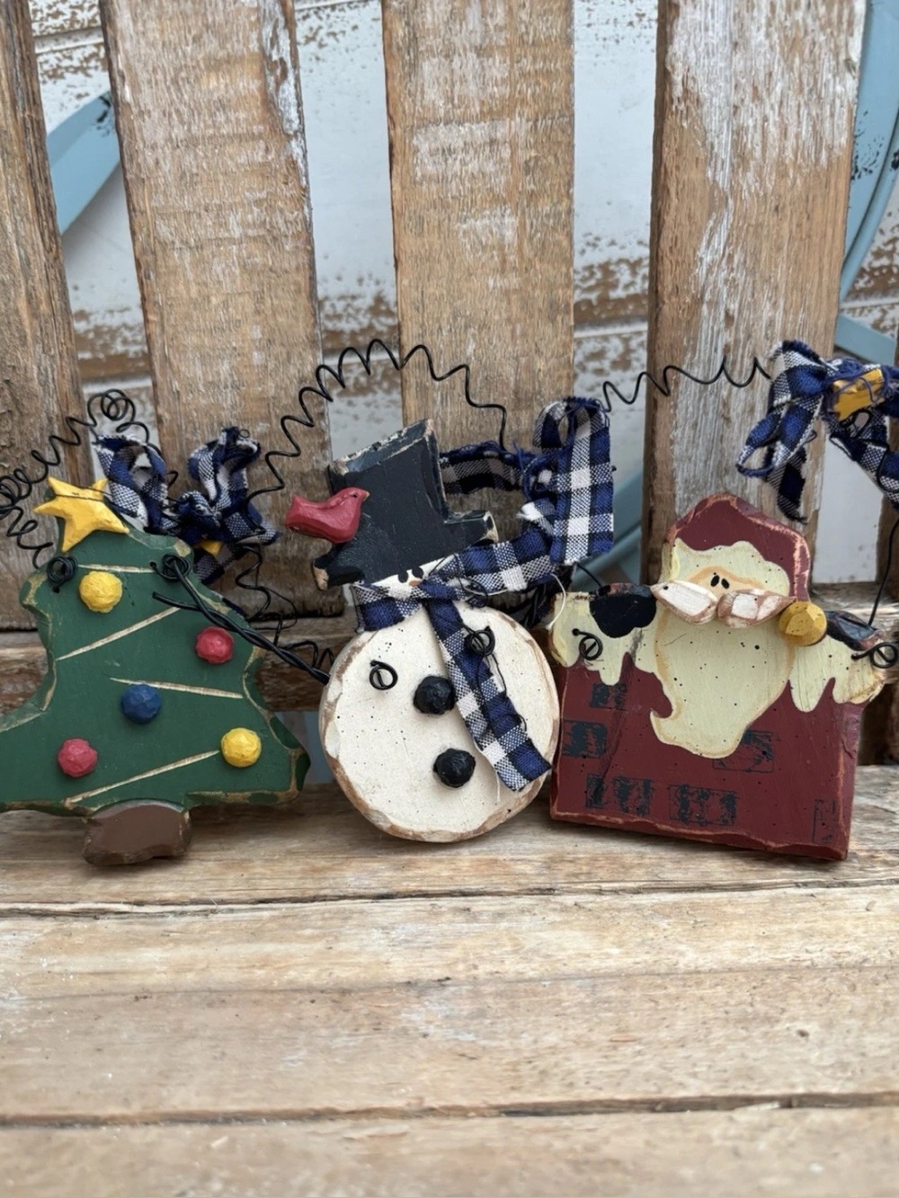 Vintage Primitive Folk Art Handmade Wooden Set Of 3 Christmas Ornaments NEW!